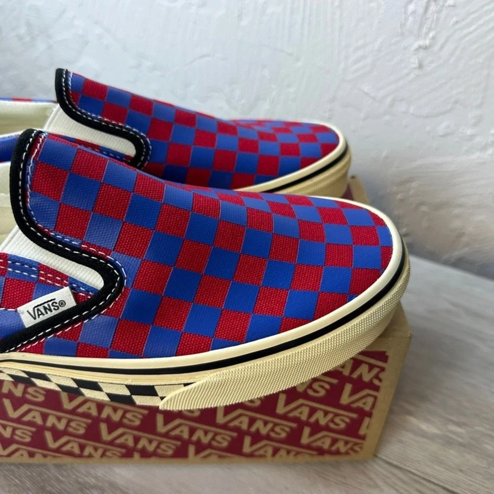 Vans Classic Slip-On Shoes Mens Size 8 Red Blue Canvas Checkerboard Skater NEW